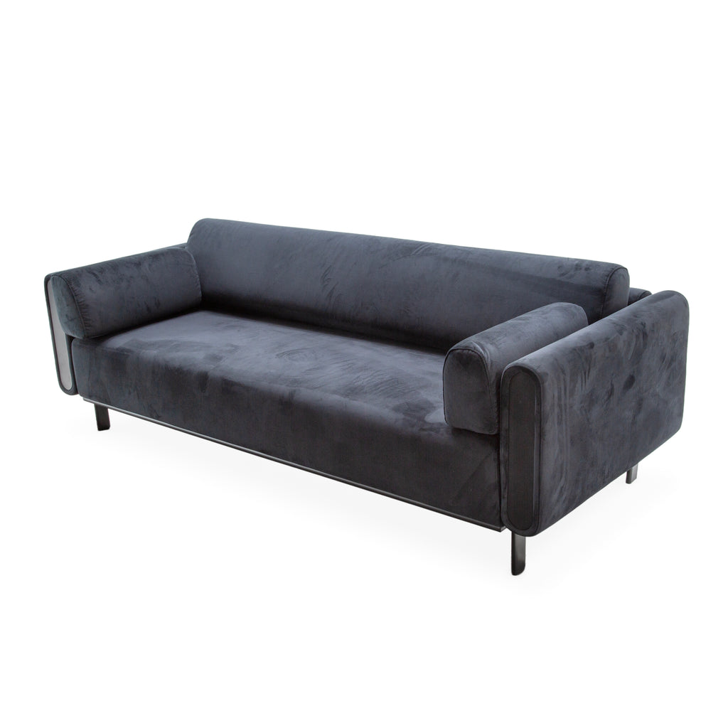 Charcoal Gray Velvet Modern Low Profile Sofa with Cylindrical Armrests