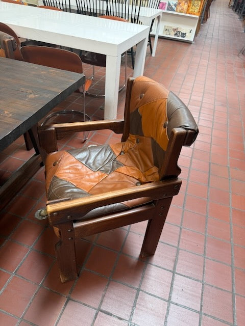 Patchwork Leather and Dark Wood Armchair