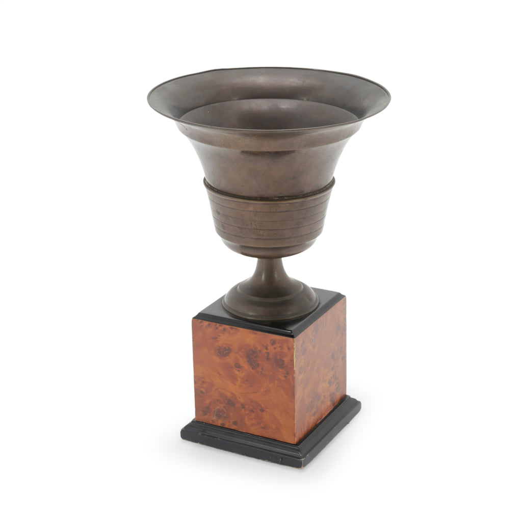 Aged Bronze Urn on Wood Pedestal
