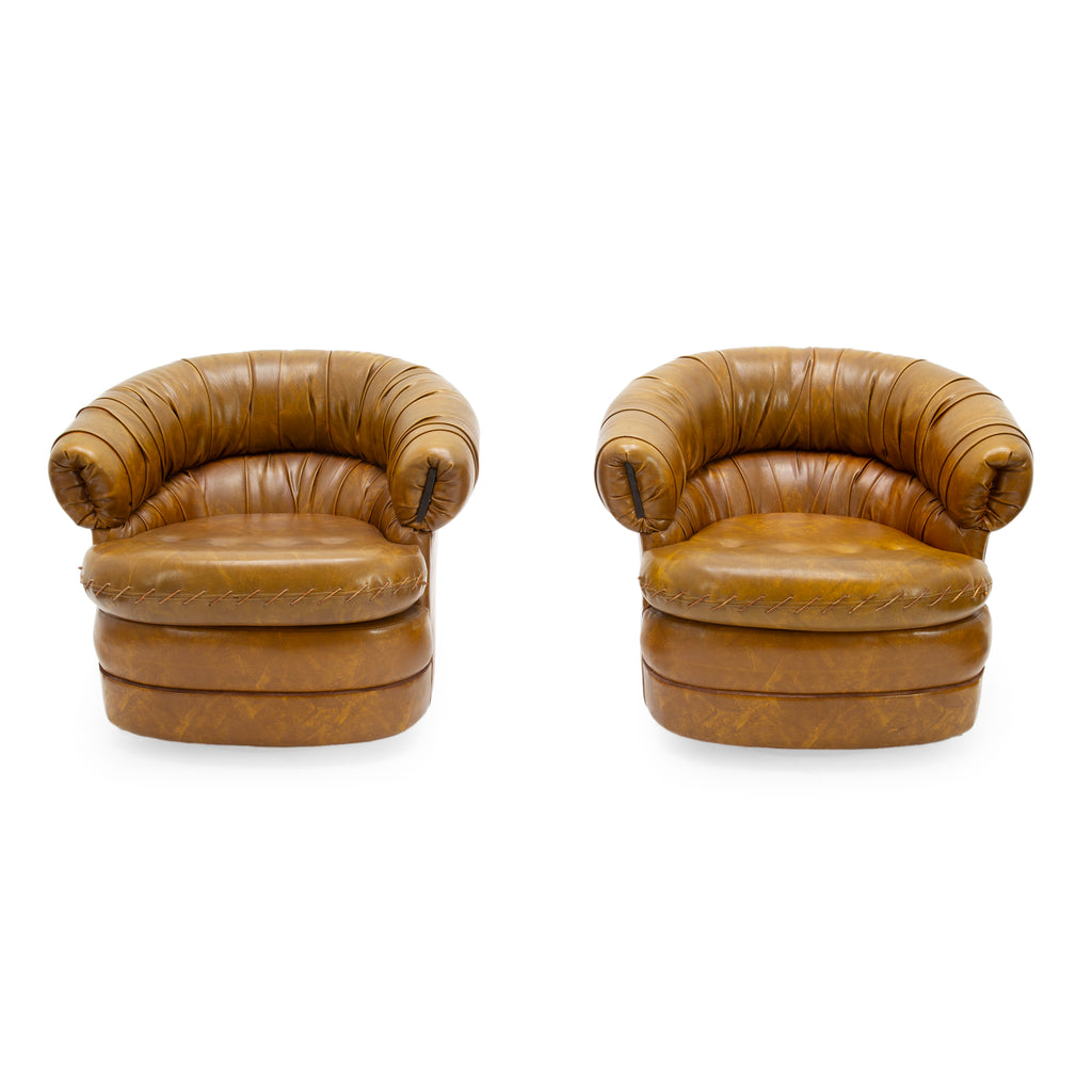 Pair of Vintage Tan Leather Tufted Barrel Armchairs