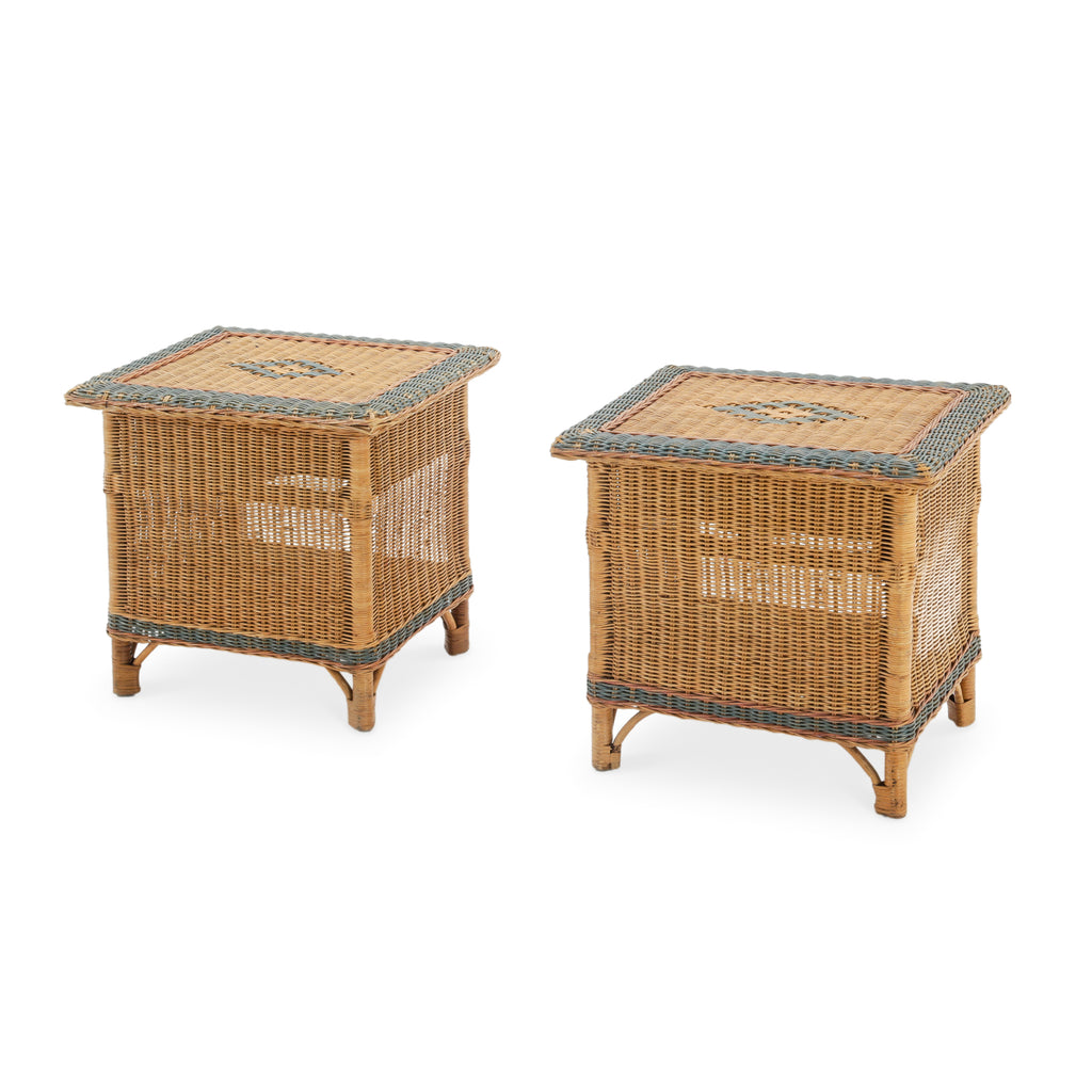 Rattan Square End Tables with Sage Green Accents