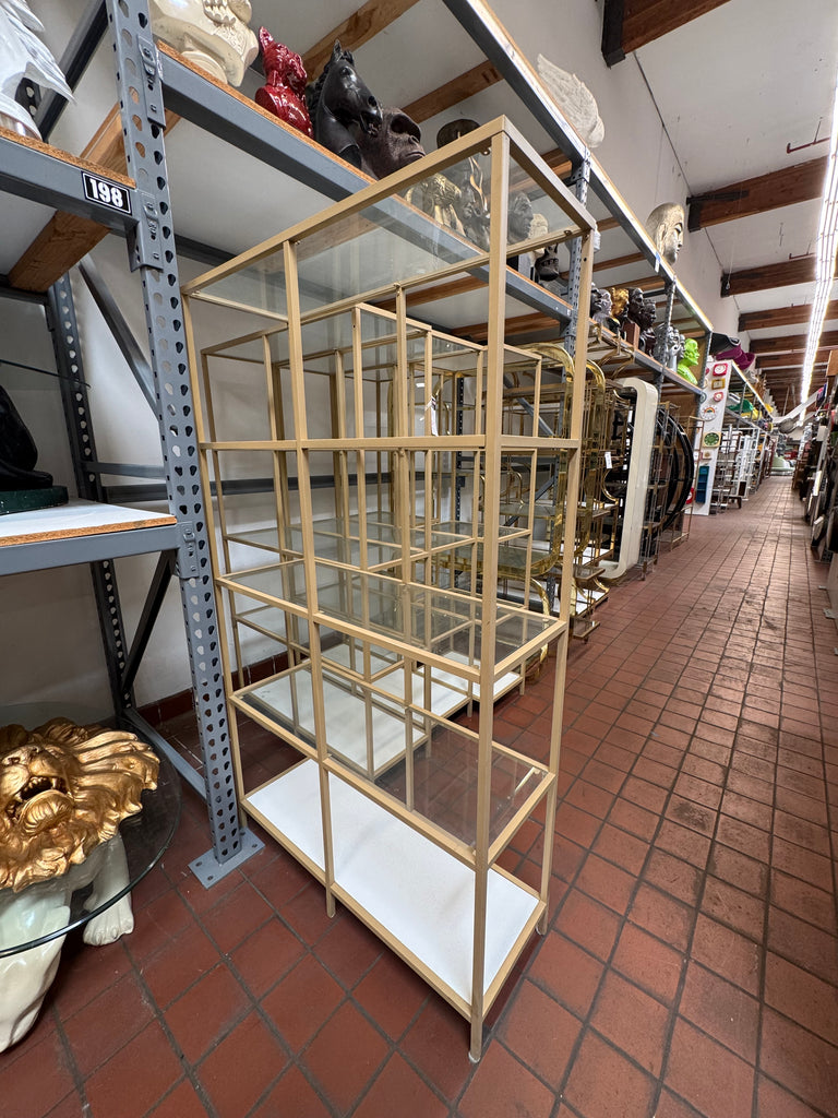 Gold Metal and Glass Display Shelf Unit with White Base