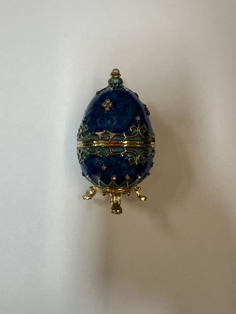 Blue Fabergé Style Enameled Trinket Box with Stand