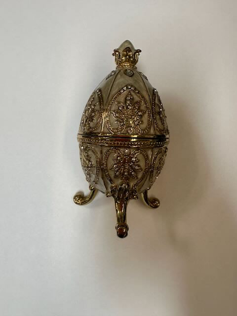 White Ornate Jeweled Faberge Style Decorative Egg Trinket Box