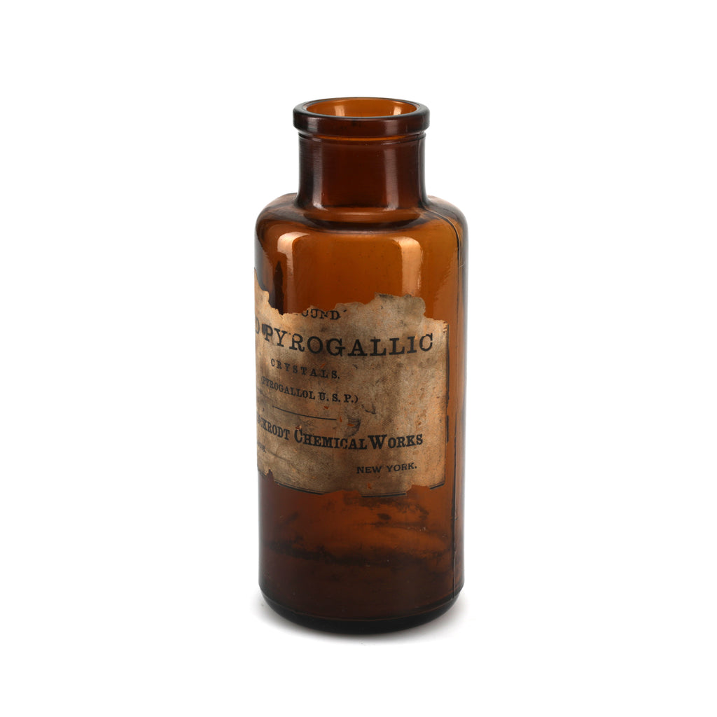 Brown Glass Chemical Bottle w/ Worn Label (A+D)