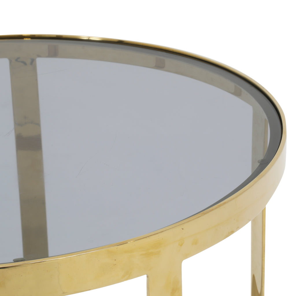 Gold Brass Round Side Table w/ Black Glass