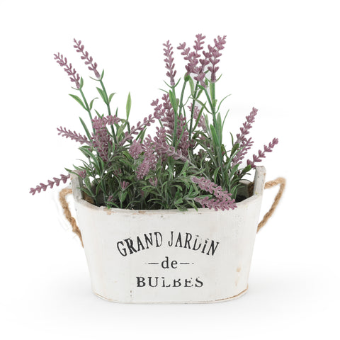 Faux Lavender Plant in White Wooden Pot