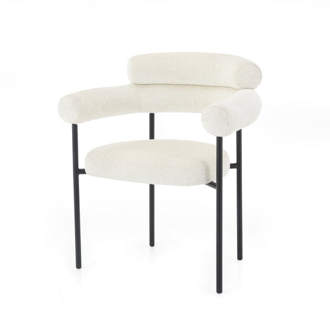 White Boucle Arm Chairs with Black Metal Base
