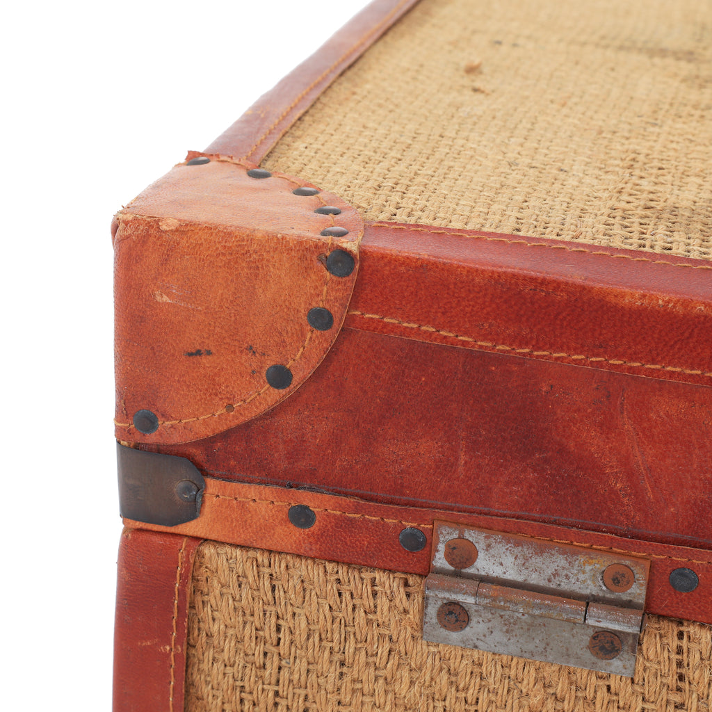 Red Leather & Burlap Storage Trunk