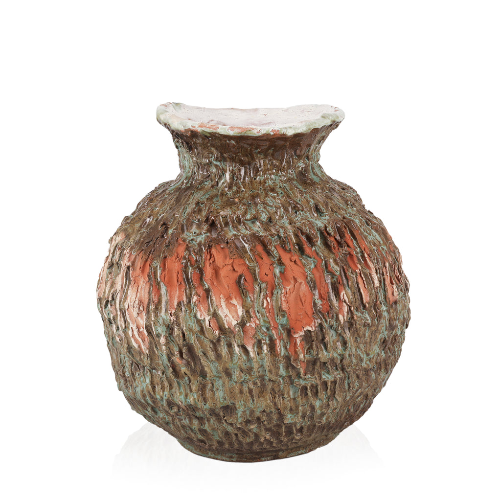 Brown / Teal Ceramic Vase with Orange Detail