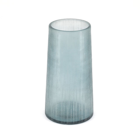Blue Ribbed Glass Cylinder Vase