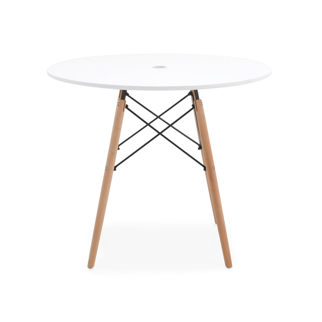 White Round Outdoor Table with Light Wood Legs
