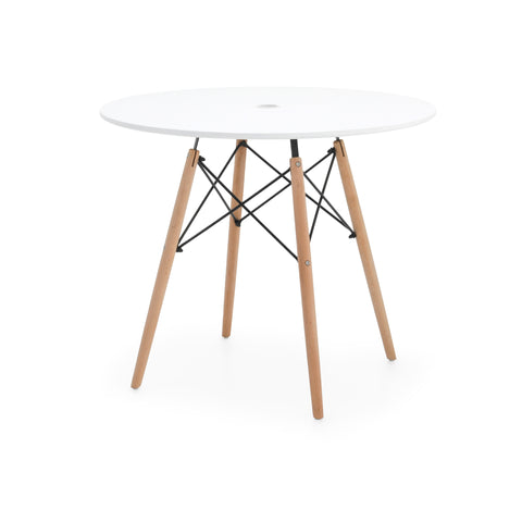White Round Outdoor Table with Light Wood Legs
