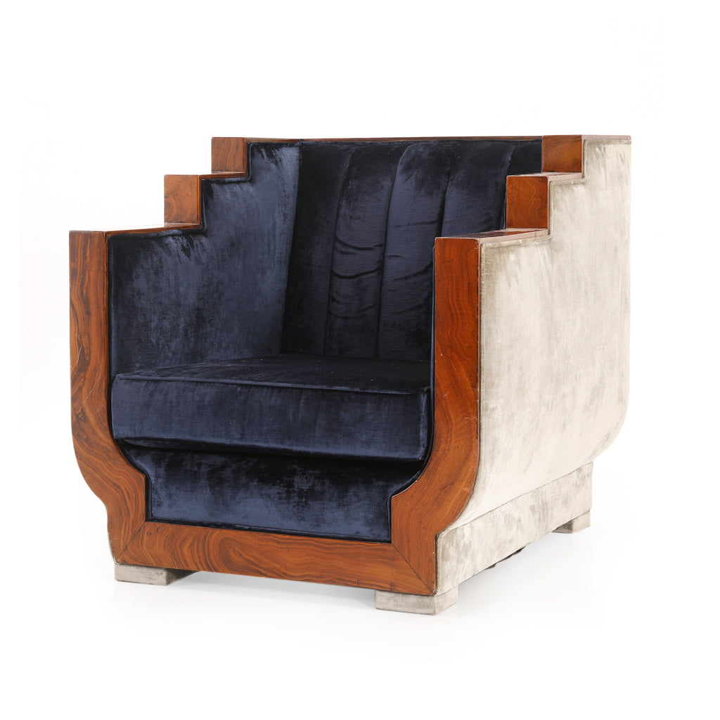 Blue Velvet Stepped Wood Deco Arm Chair