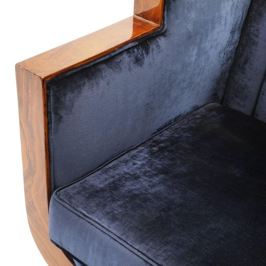 Blue Velvet Stepped Wood Deco Arm Chair