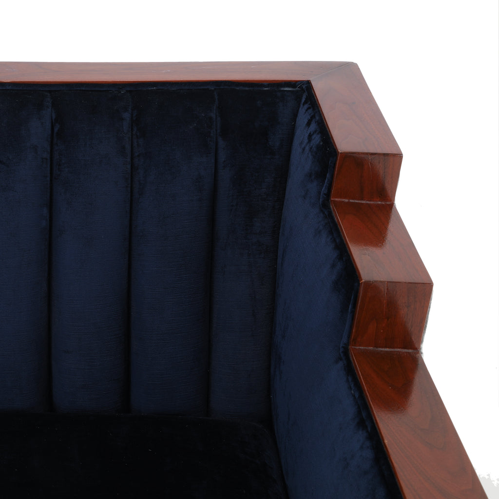 Blue Velvet Stepped Wood Deco Sofa