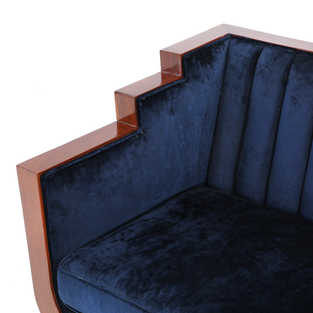 Blue Velvet Stepped Wood Deco Sofa