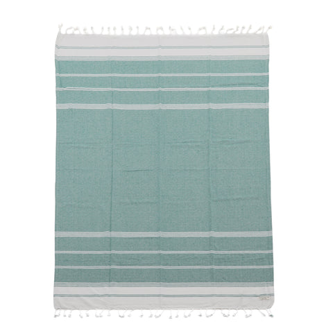 Green & White Linen Turkish Towel
