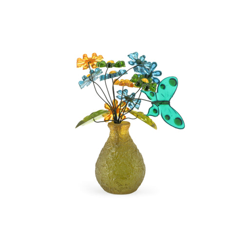 Faux Acrylic Flowers in Green Glass Vase