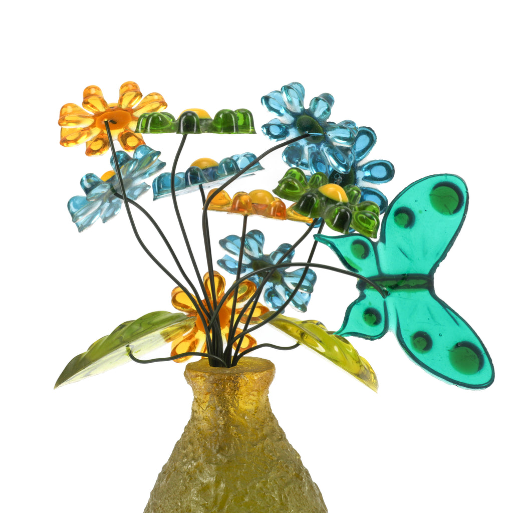 Faux Acrylic Flowers in Green Glass Vase