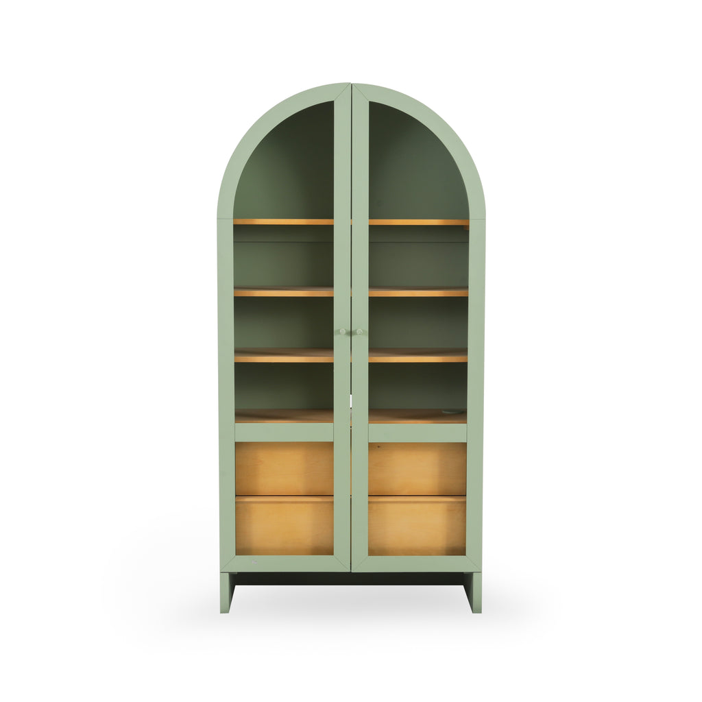 Green Display Cabinet with Wood Drawers