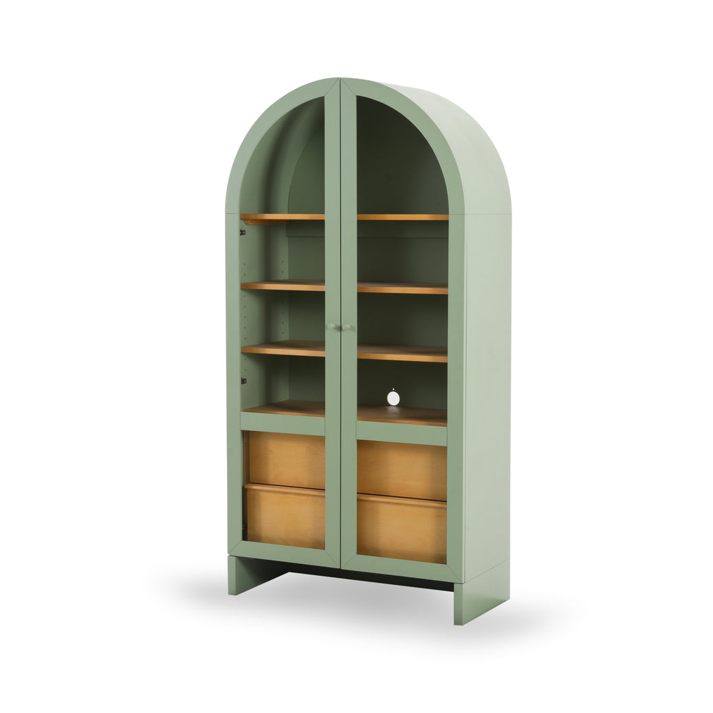 Green Display Cabinet with Wood Drawers