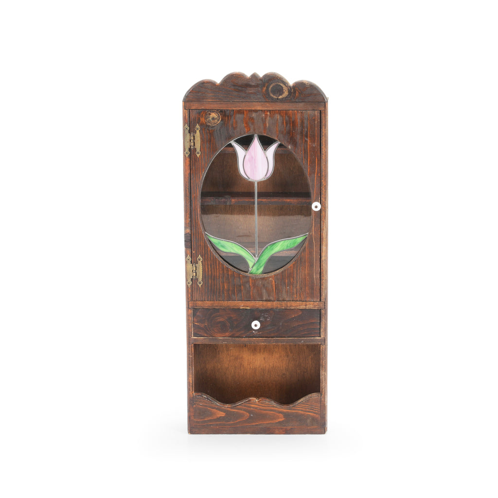 Dark Wood Wall Cabinet with Glass Flower Window