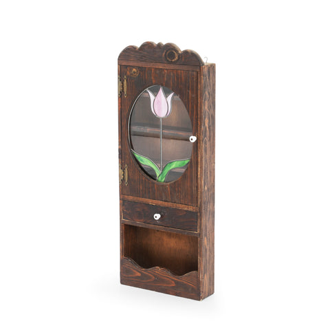 Dark Wood Wall Cabinet with Glass Flower Window