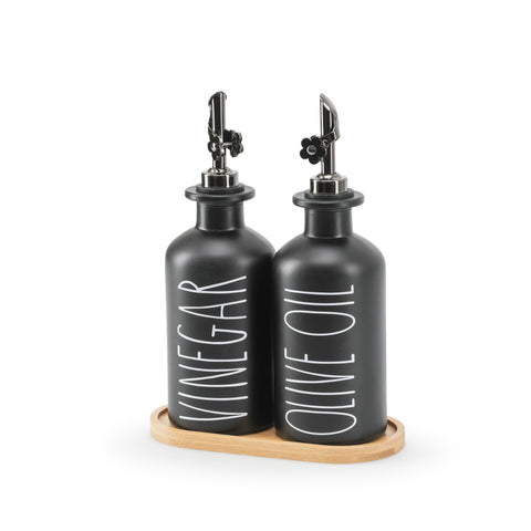 Black Vinegar / Olive Oil Bottles with Wood Base (A+D)