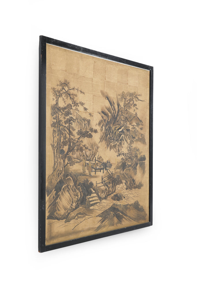 Large Black / Tan Chinese Watercolor Wall Art w/ Frame (1 / 4)