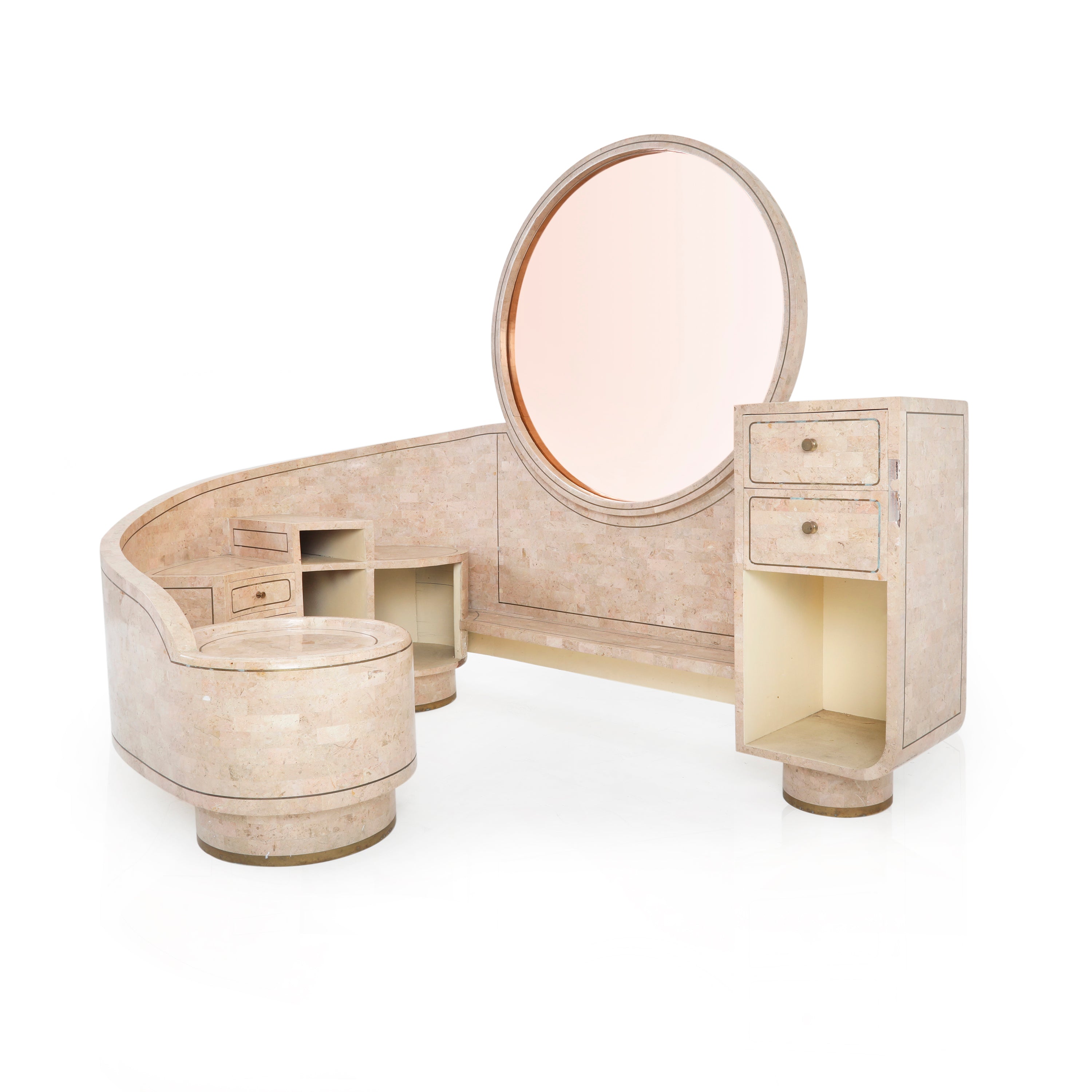 Large Light Pink Marble Vanity with Seat & Drawers - Gil & Roy Props Large Light Pink Marble Vanity with Seat & Drawers - Gil & Roy Props