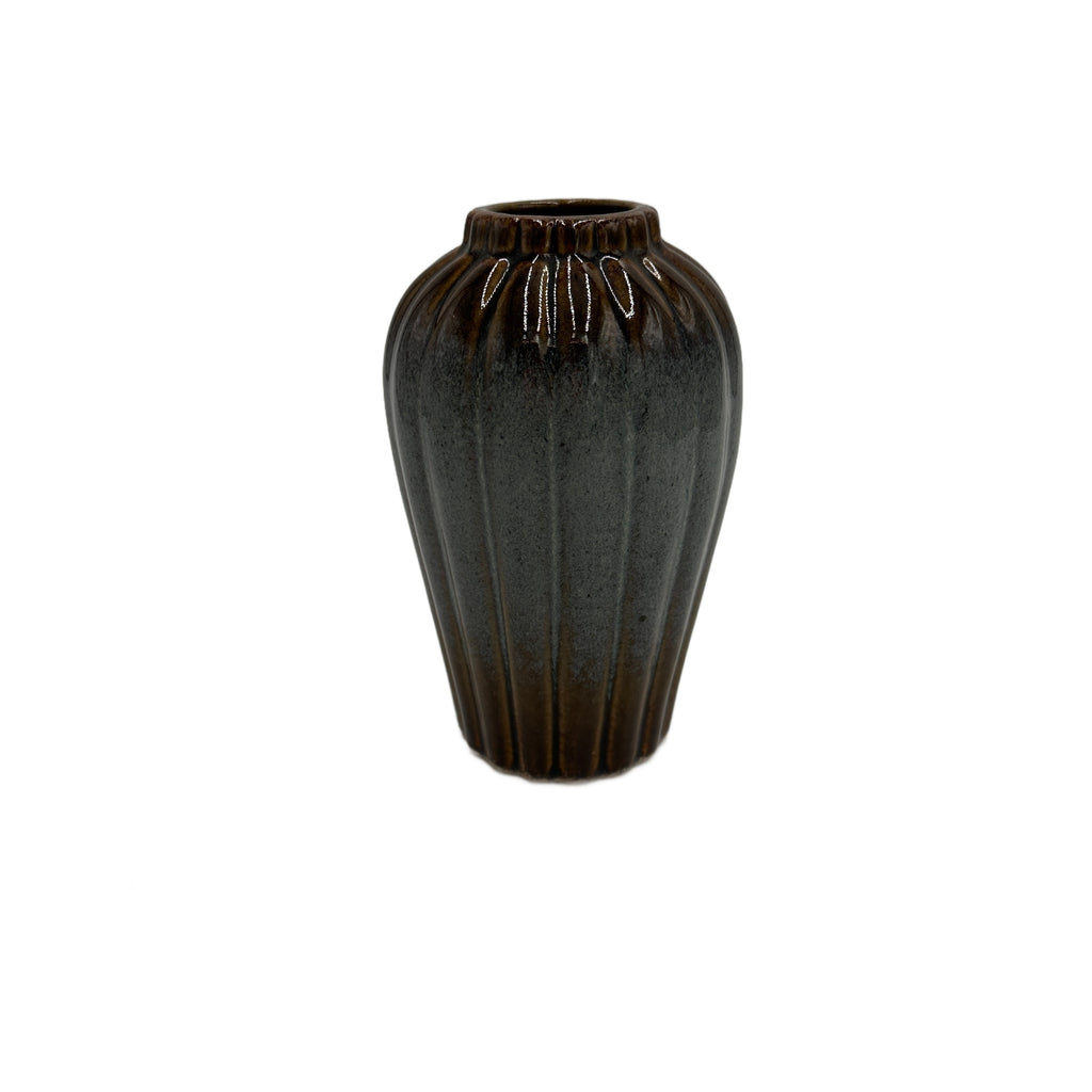 Dark Bronze and Grey-Blue Ribbed Ceramic Vase - MEDIUM