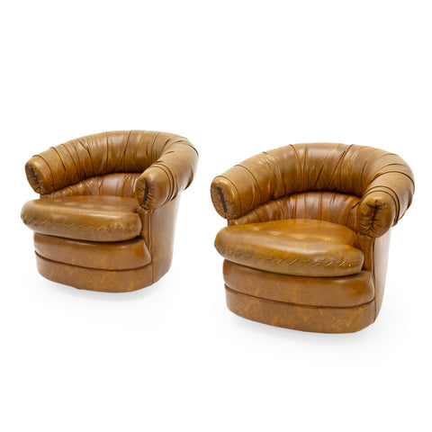 Pair of Vintage Tan Leather Tufted Barrel Armchairs