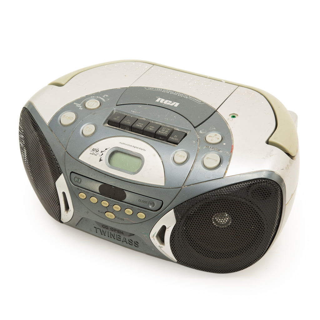 Silver and Gray Plastic Portable CD Cassette Boombox, RCA