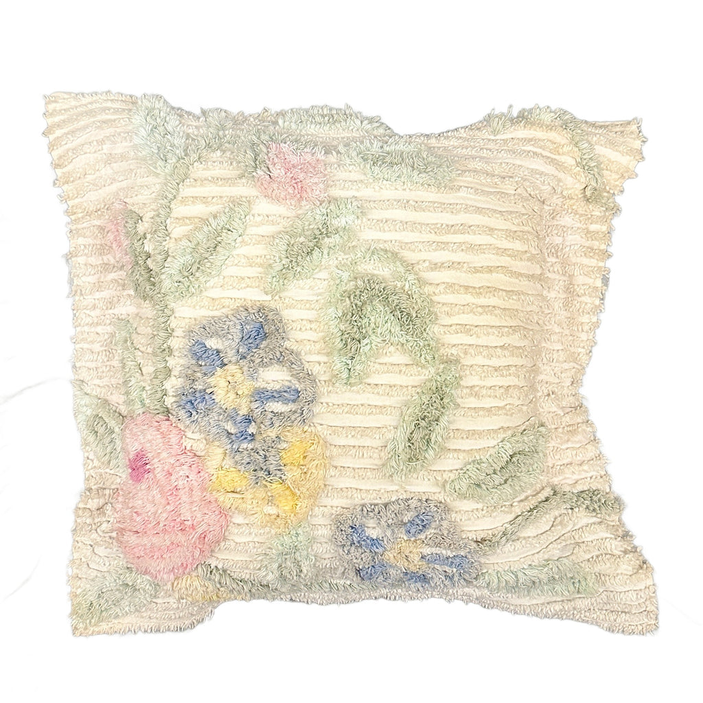 Vintage Cream Tufted Chenille Floral Throw Pillow