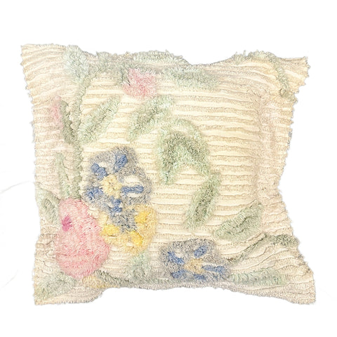 Vintage Cream Tufted Chenille Floral Throw Pillow