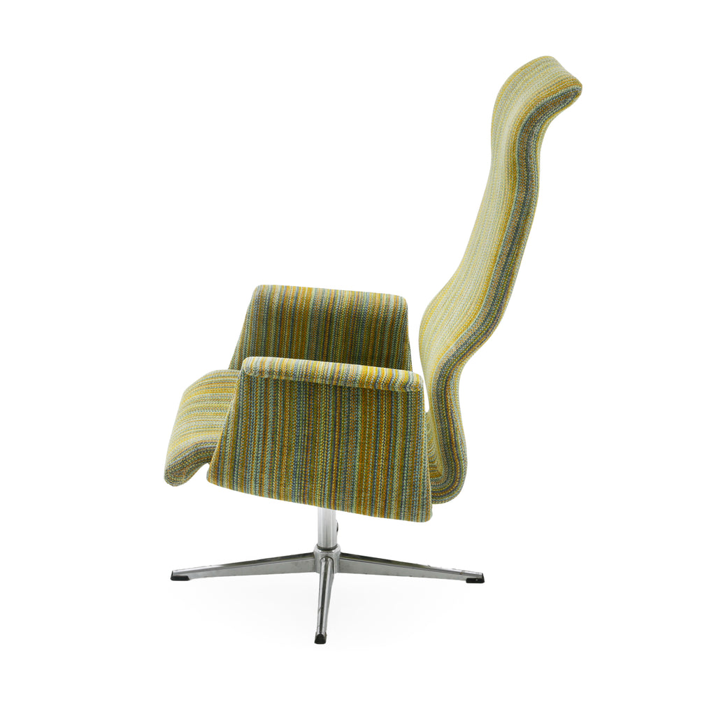 Mustard Yellow, Teal, and Gray Striped Upholstered High-Back Armchair
