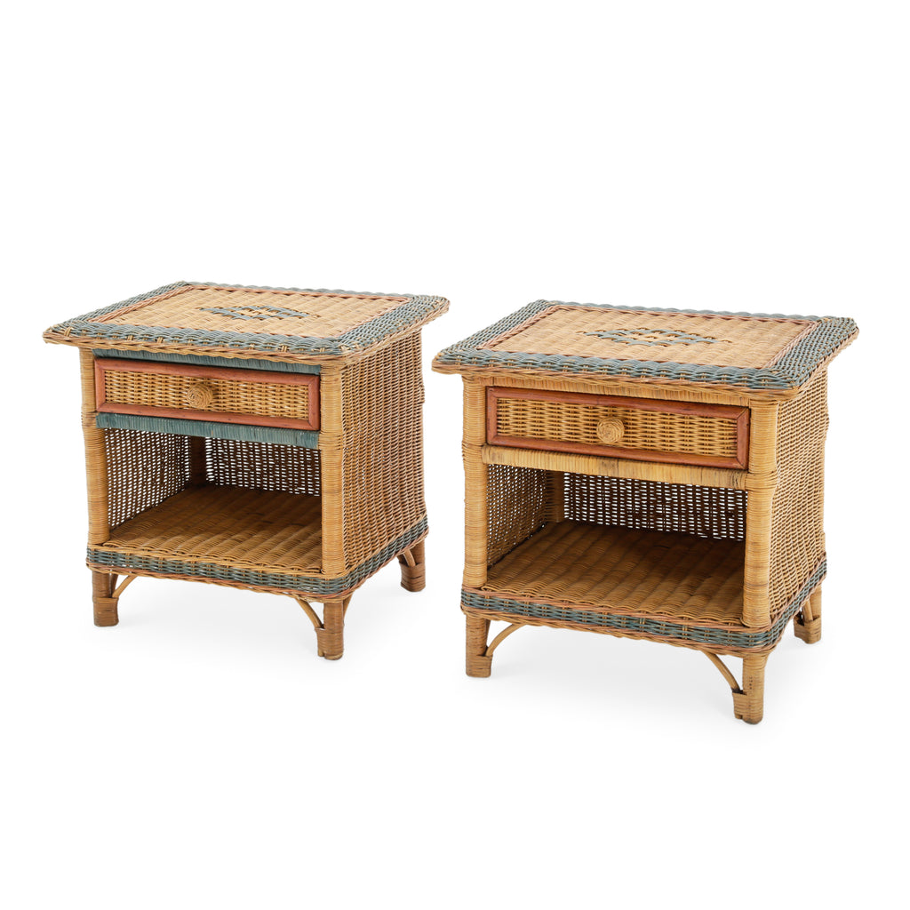 Rattan Square End Tables with Sage Green Accents