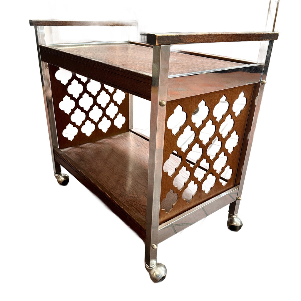 Dark Walnut Rolling Bar Cart with Decorative Cutout Sides