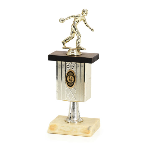 Silver Bowling Trophy w Silver  + Wood Base