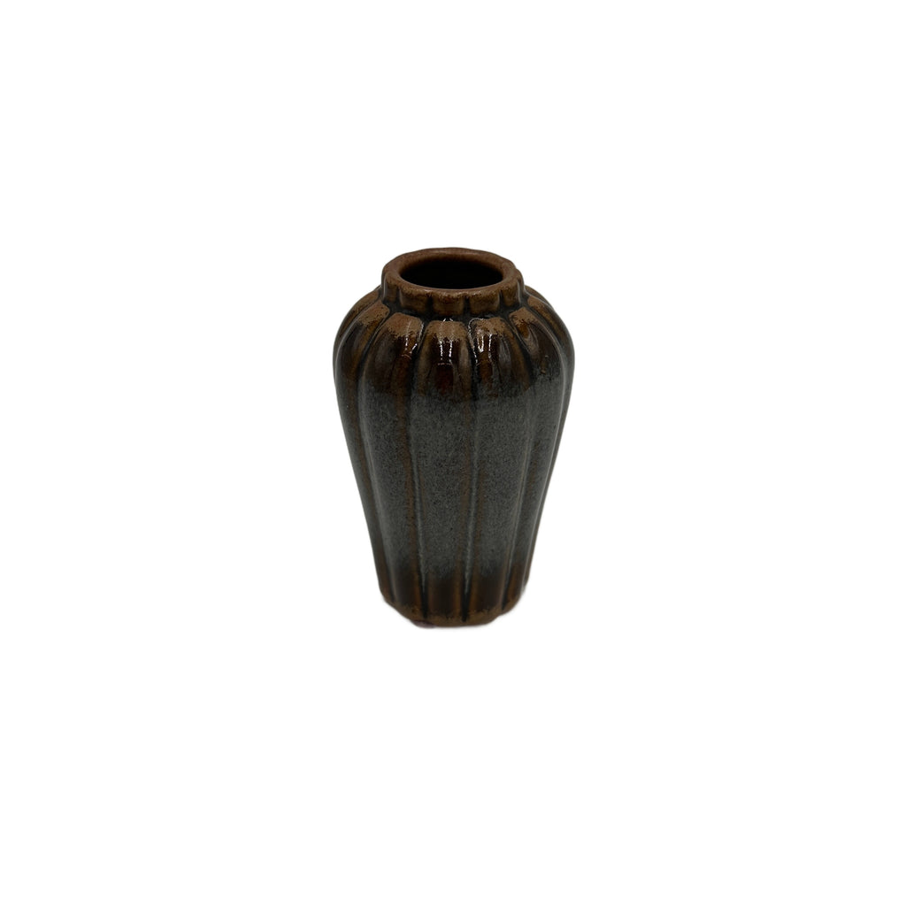Dark Bronze and Grey-Blue Ribbed Ceramic Vase - SMALL