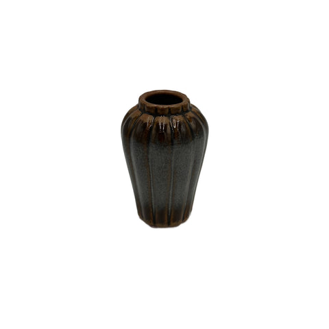 Dark Bronze and Grey-Blue Ribbed Ceramic Vase - SMALL