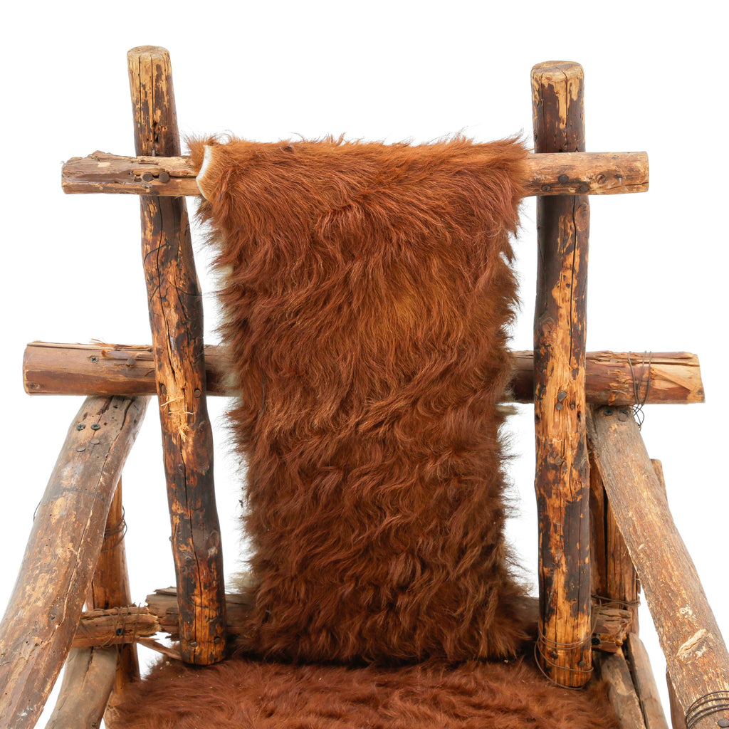 Raw Wood Armchair with Brown Animal Hide Fur