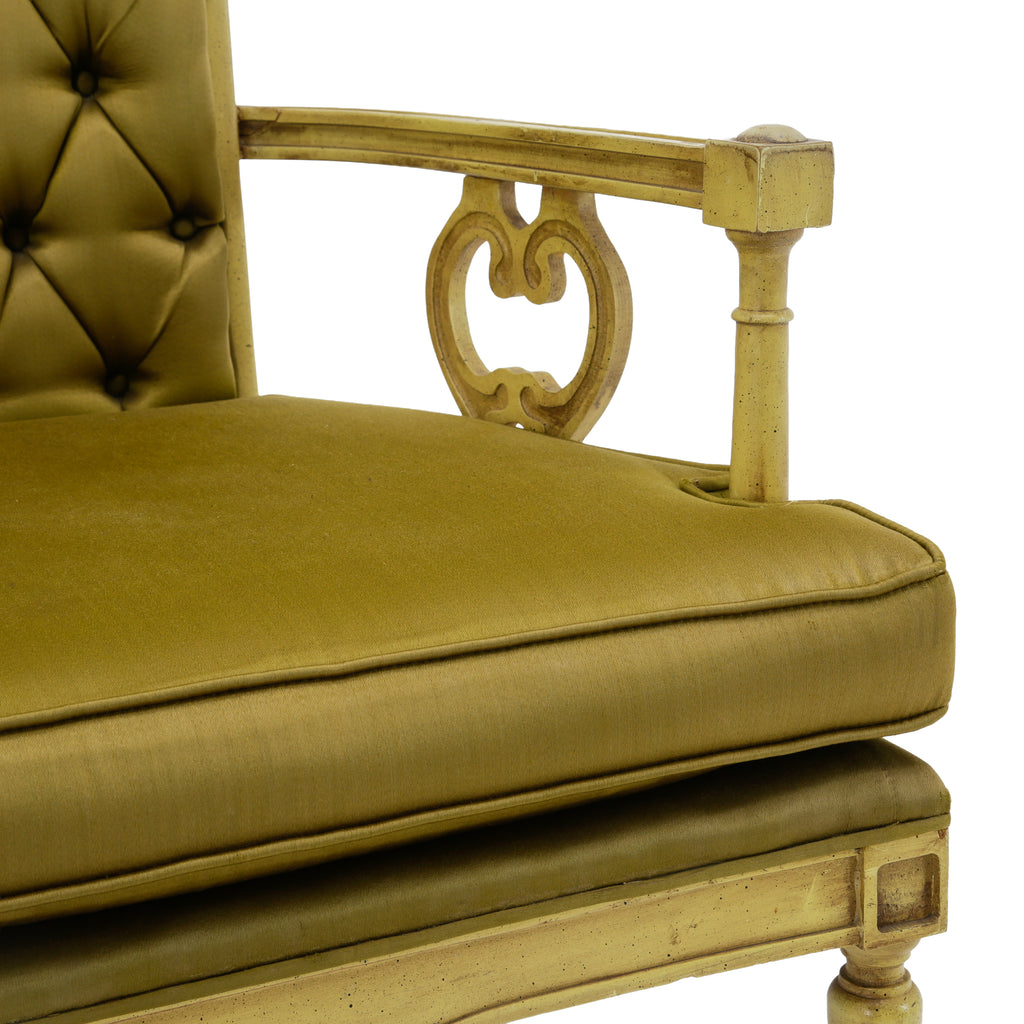 Gilded Wood High-Back Tufted Chartreuse Armchair