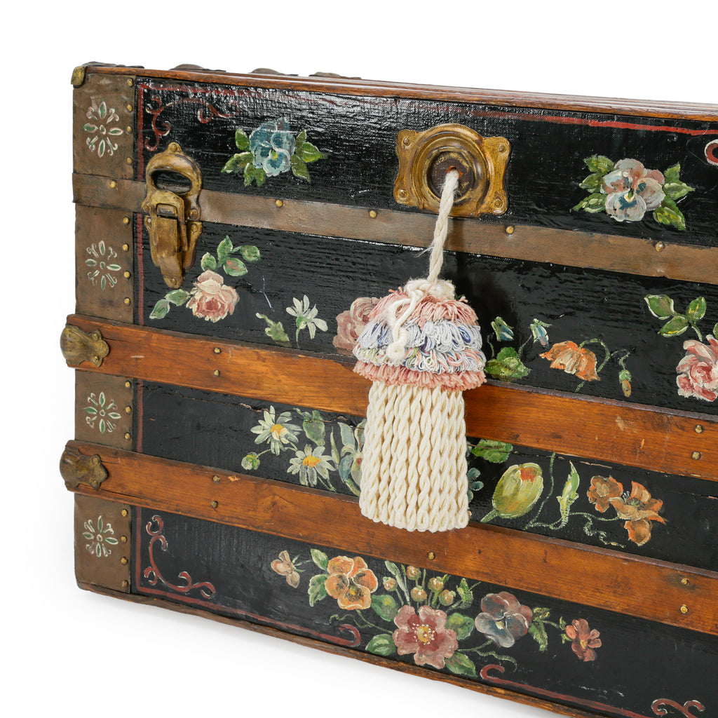 Black Wooden Trunk with Hand-Painted Floral Motifs and Brass Hardware