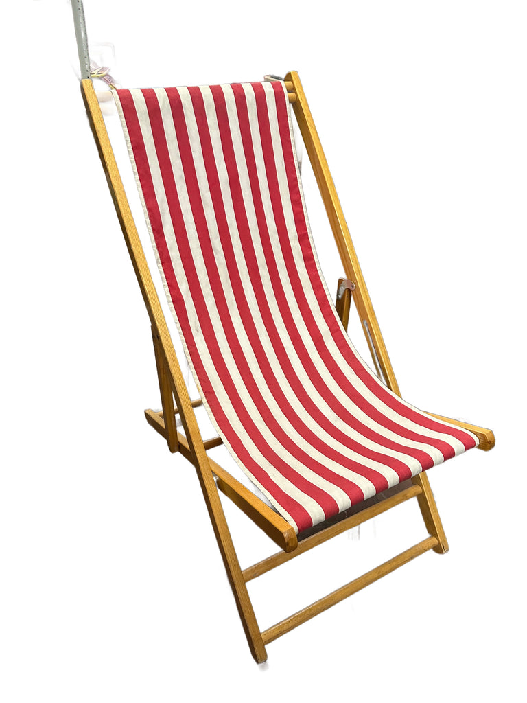 Red and White Striped Wooden Folding Deck Chair
