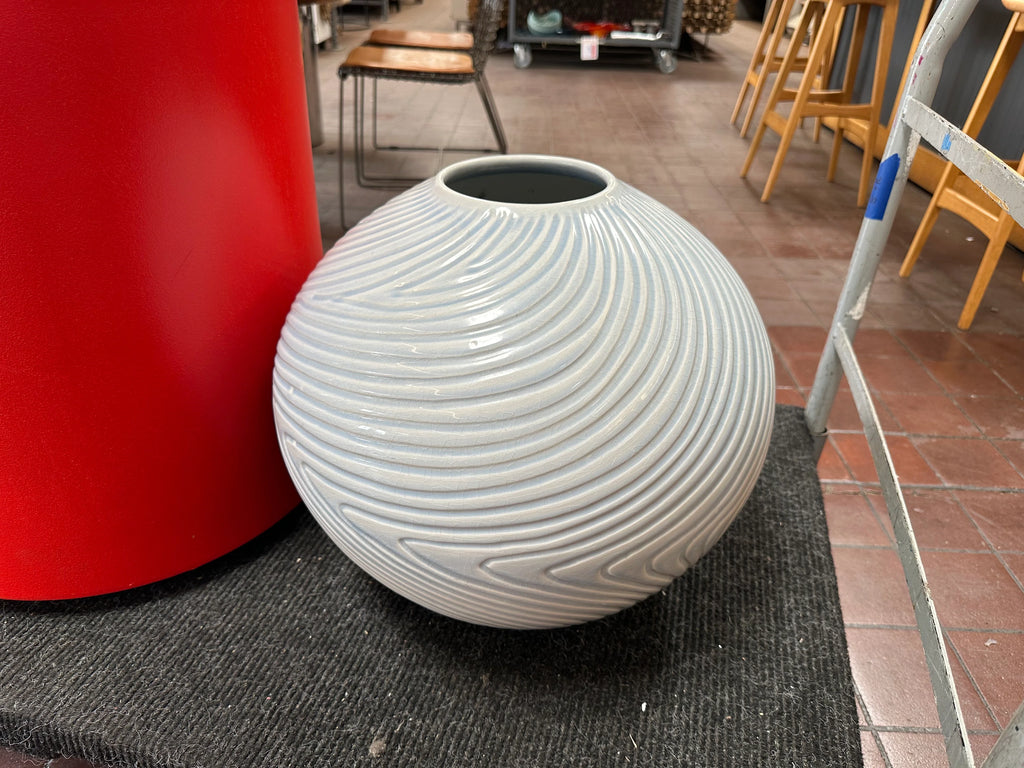 Pale Blue Ribbed Spherical Ceramic Vase with Crackle Glaze