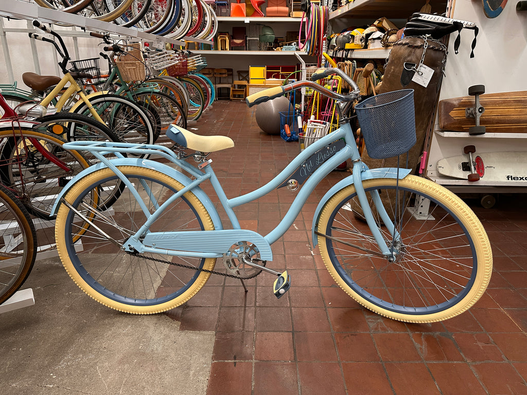 Sky Blue Metal Cruiser Bicycle with Yellow Tires and Front Basket