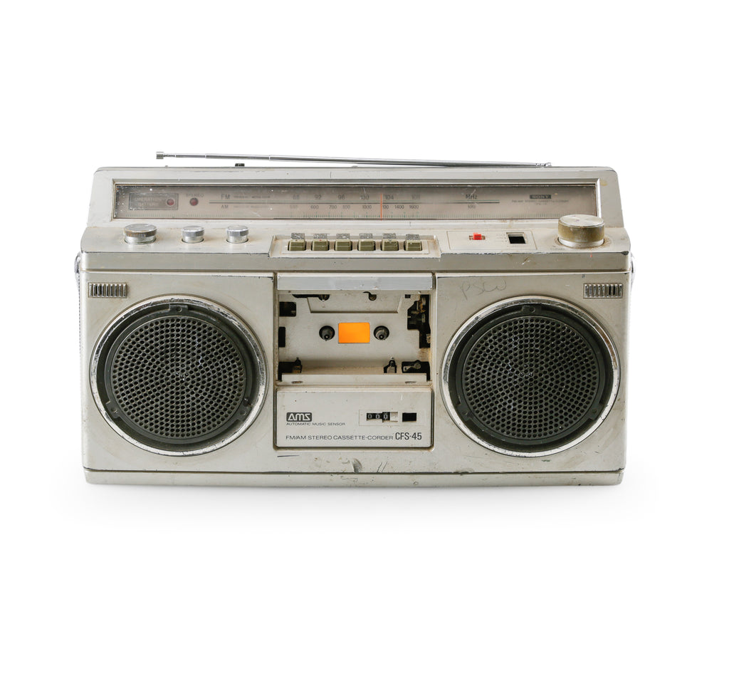 Silver Plastic and Metal Boombox with FM/AM Radio and Cassette Recorder