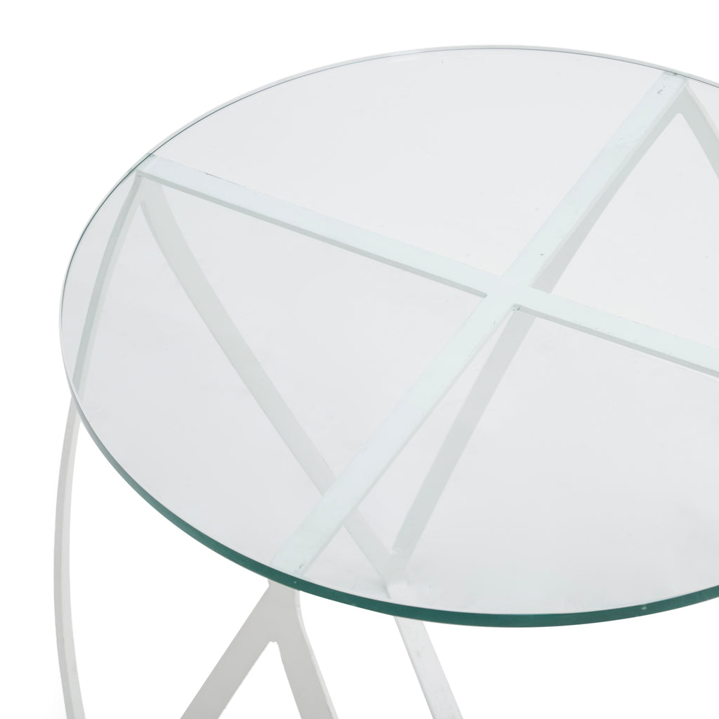 White Metal and Clear Glass Abstract End Table